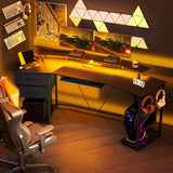 Curved Gaming Desk with RGB Lights, Outlets and Drawers