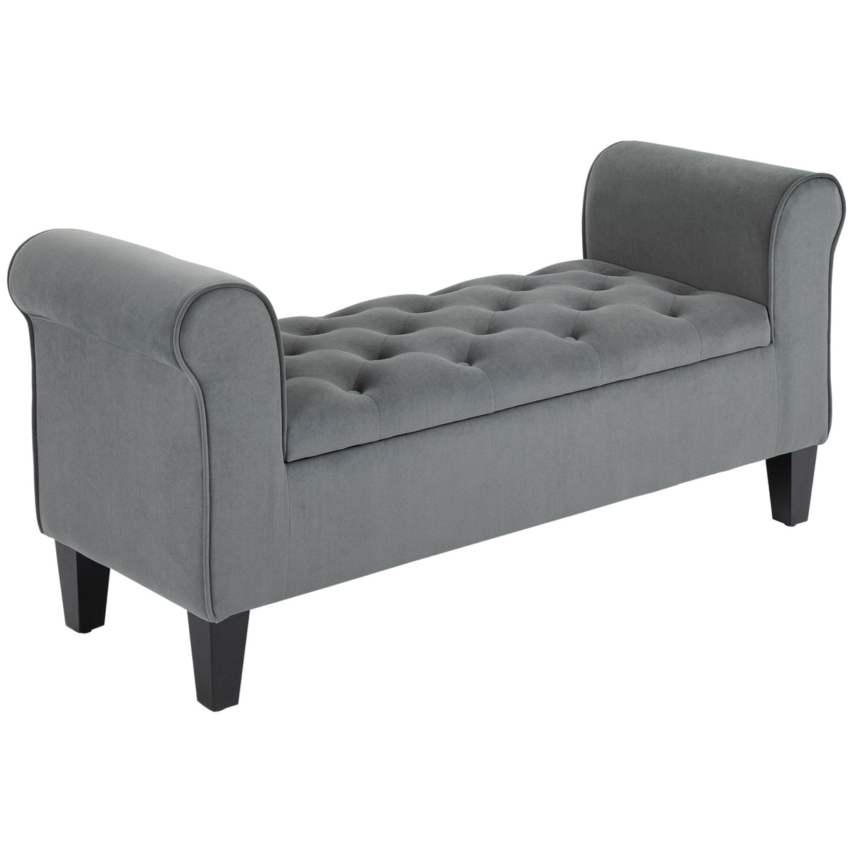 Button tufted storage bench with rolled arms