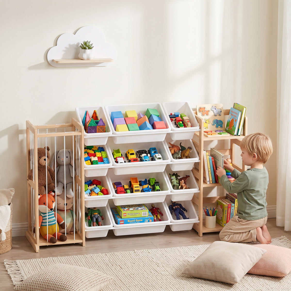 Mueble organizador de juguetes 3 en 1 con contenedores y estantería