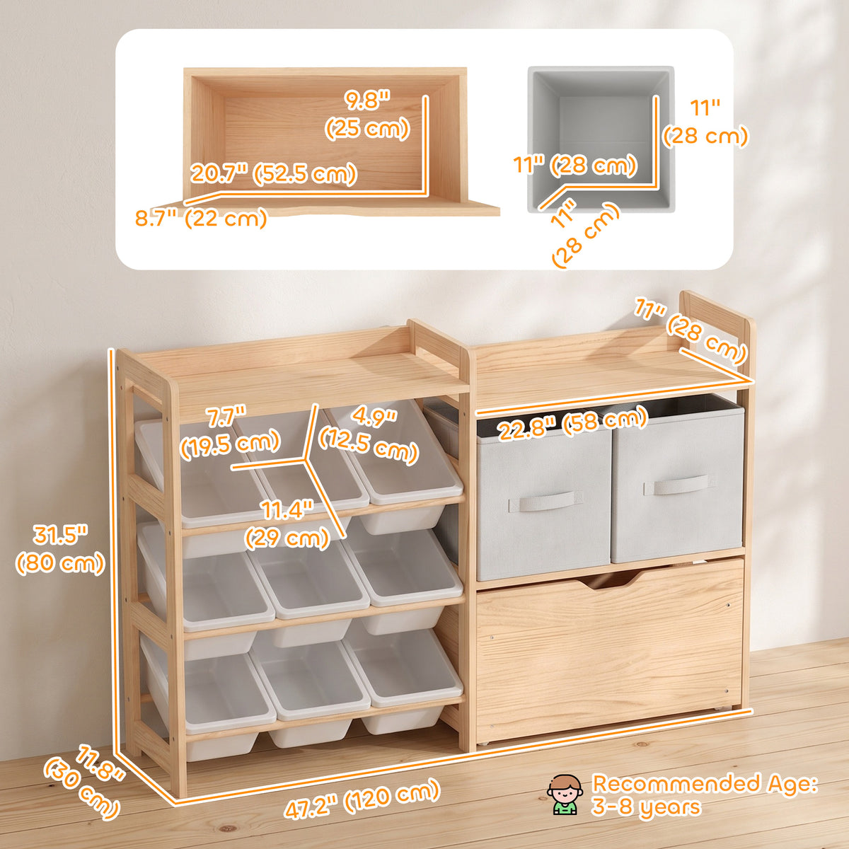 Organizador de juguetes de madera con cajón con ruedas