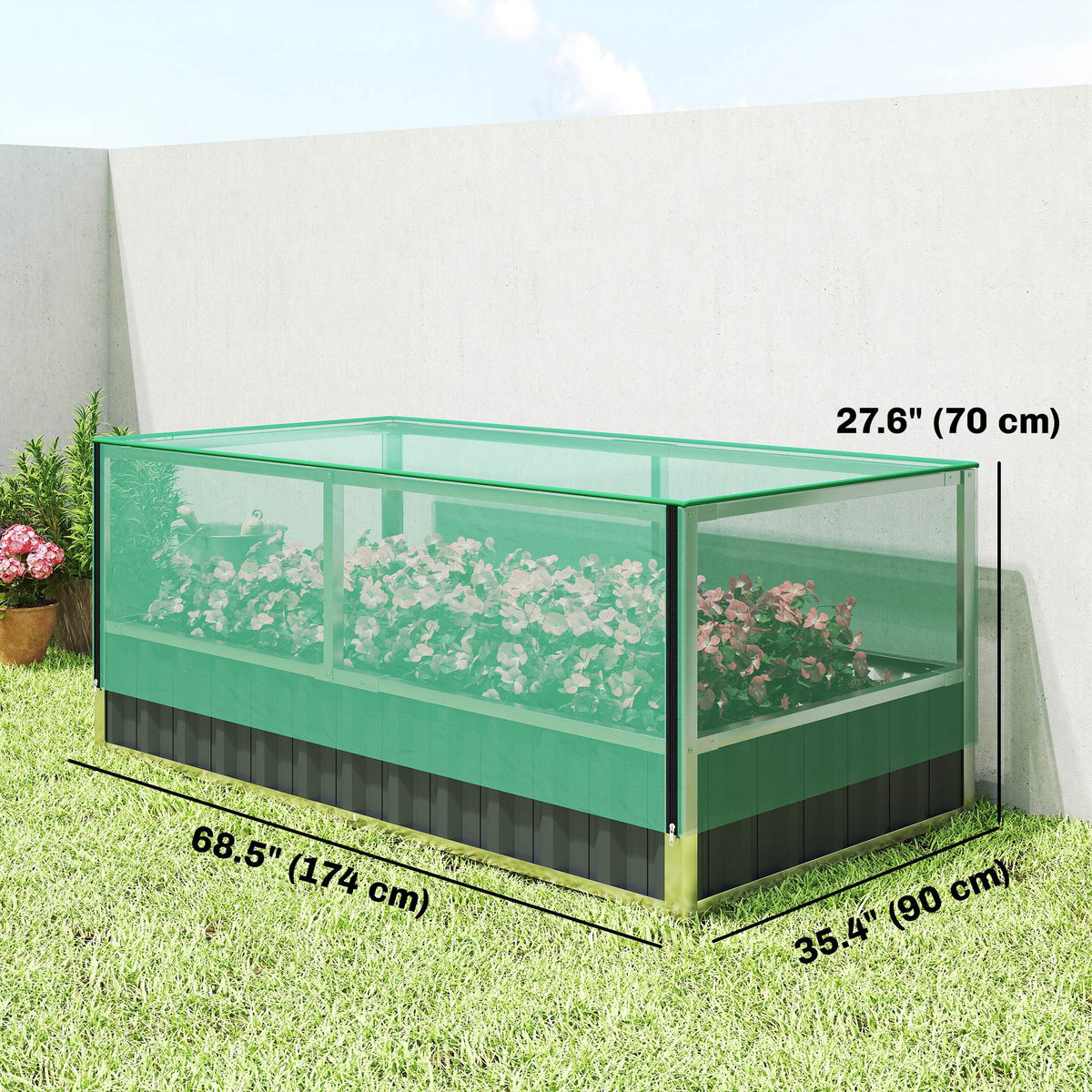 174x90x70cm Steel Raised Garden Bed with Cover Grey