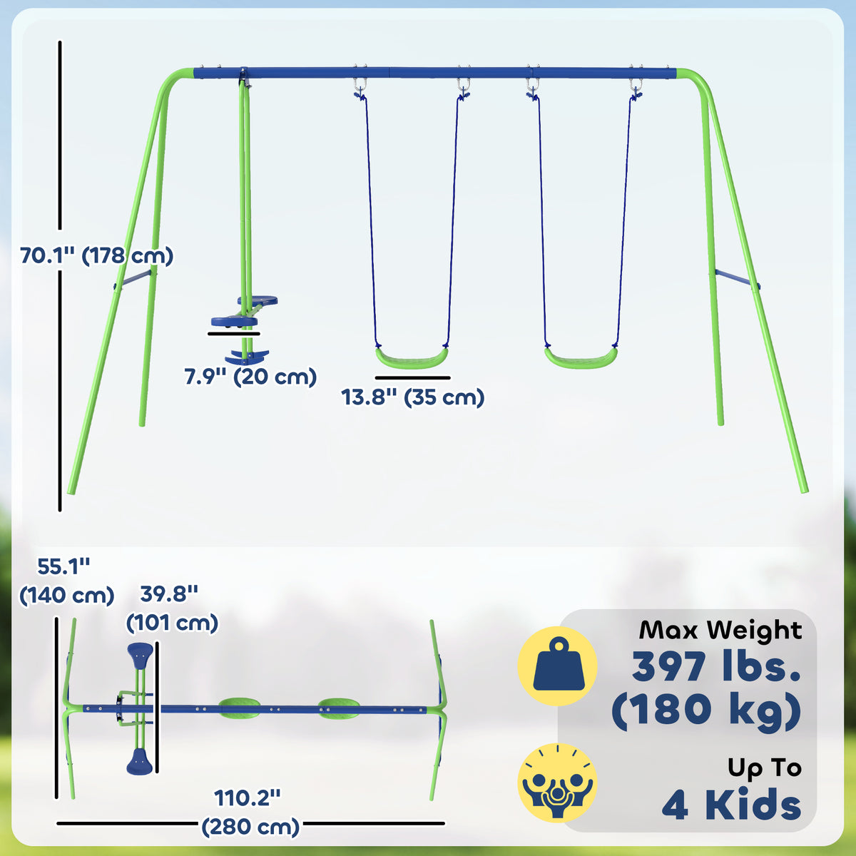3-in-1 Kids Metal Swing Set with Glider