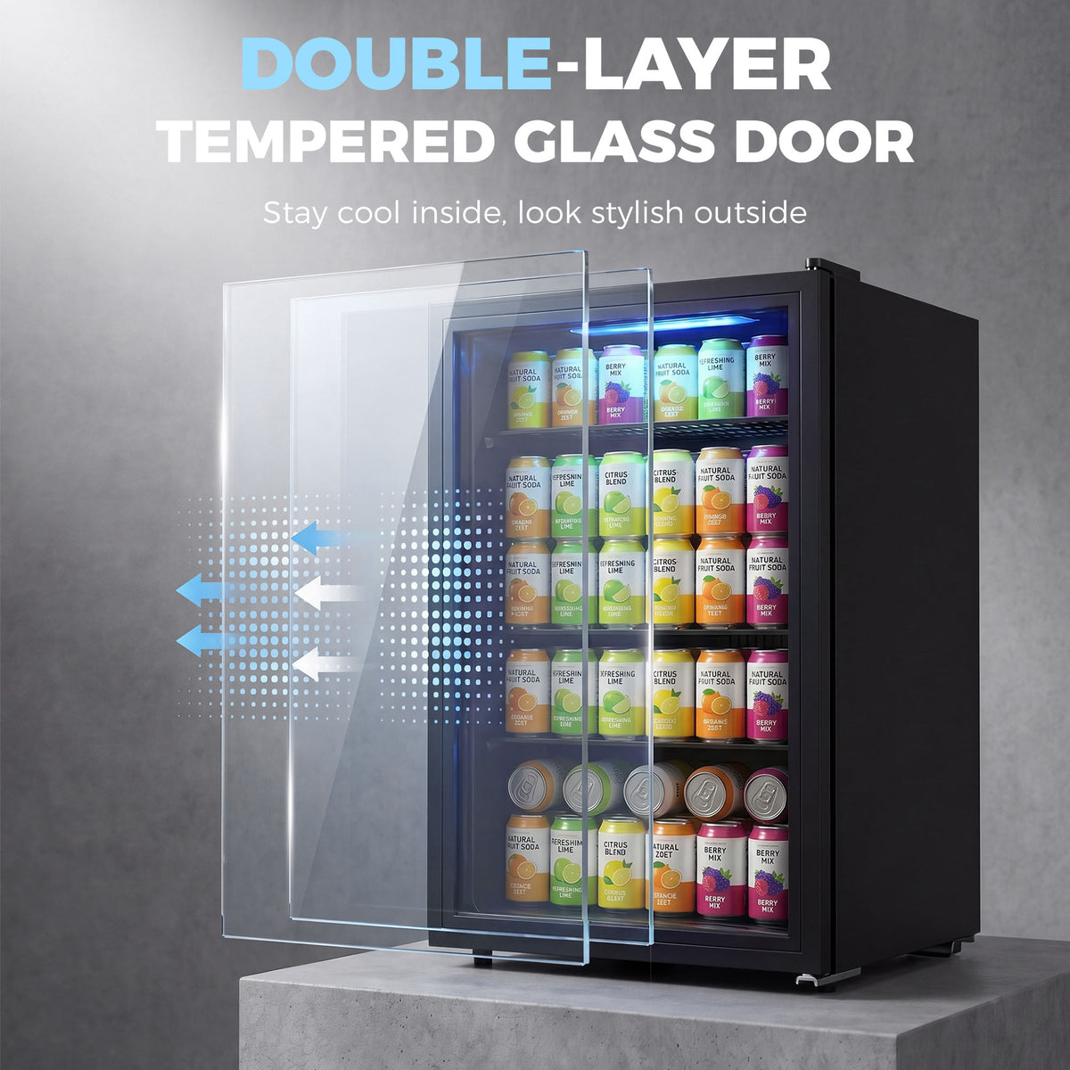 Beverage fridge with glass door and steel