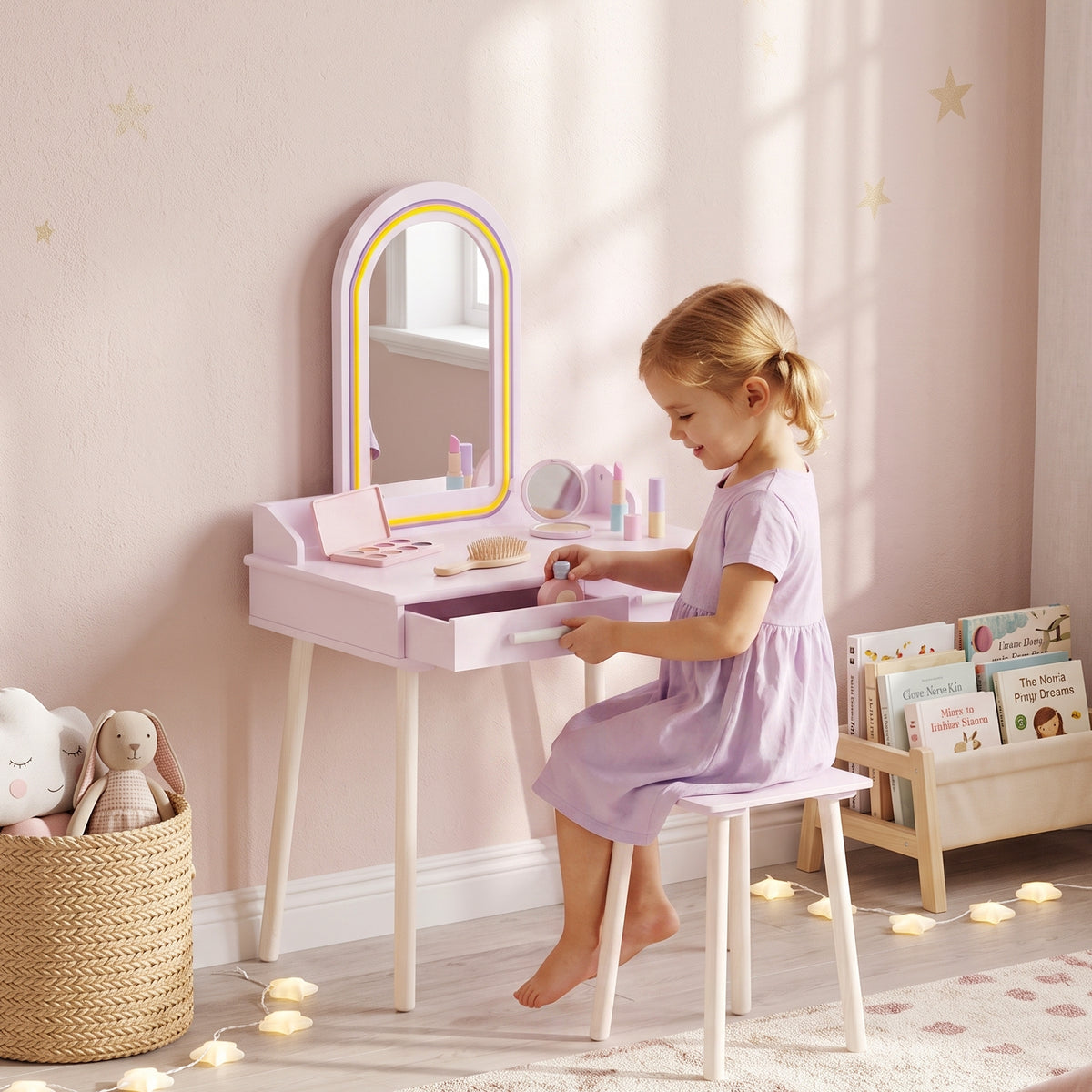 Tocador para niños con espejo LED y taburete