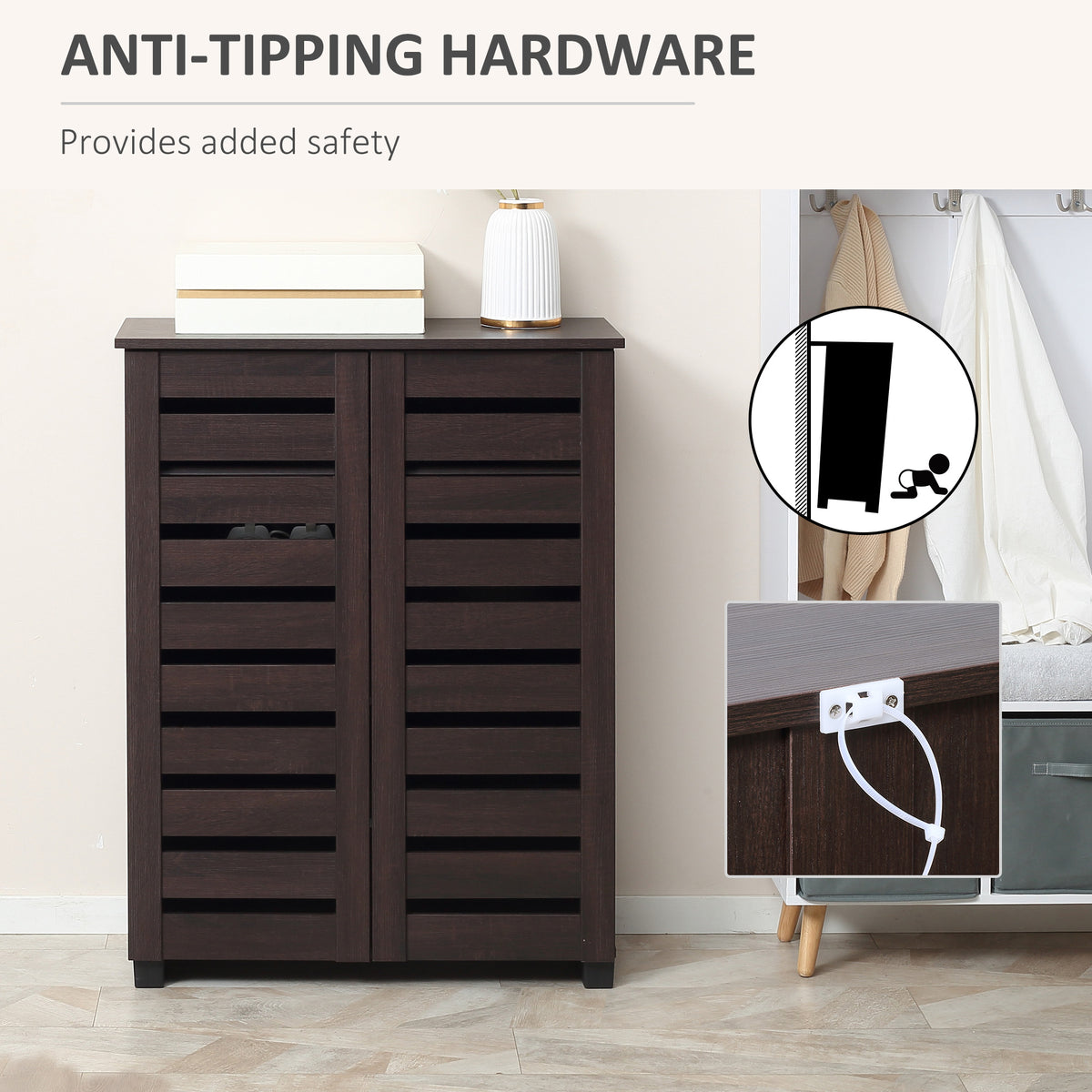 Narrow Shoe Cabinet 2 Slatted Doors 5-Tier Storage