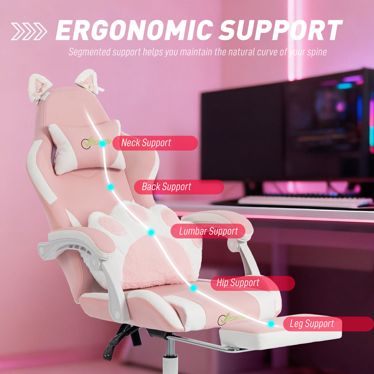 Silla de juego ergonómica con orejeras de gato