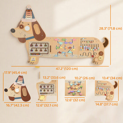 Panel de actividades sensorial mural con forma de perro salchicha