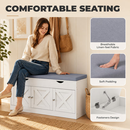 Shoe storage bench with cushion and three doors