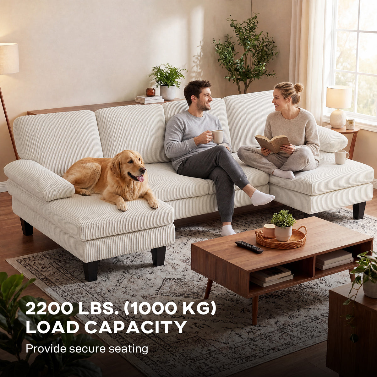 Sofá seccional en U con doble sillón de terciopelo de pana