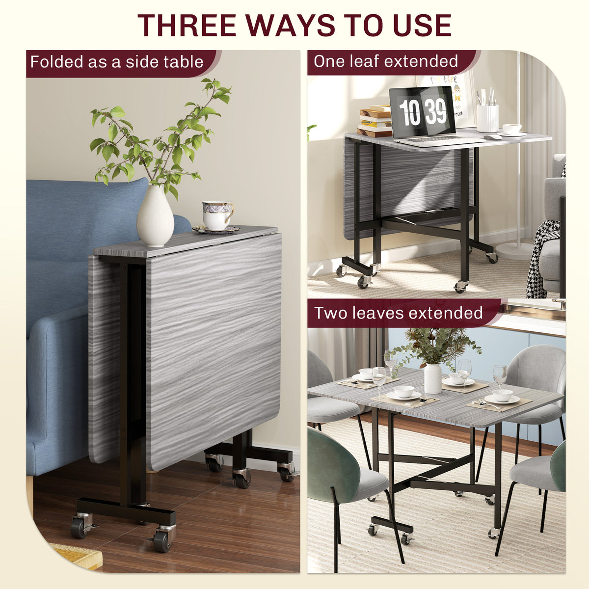 Six-Seater Drop-Leaf Dining Table with Wheels